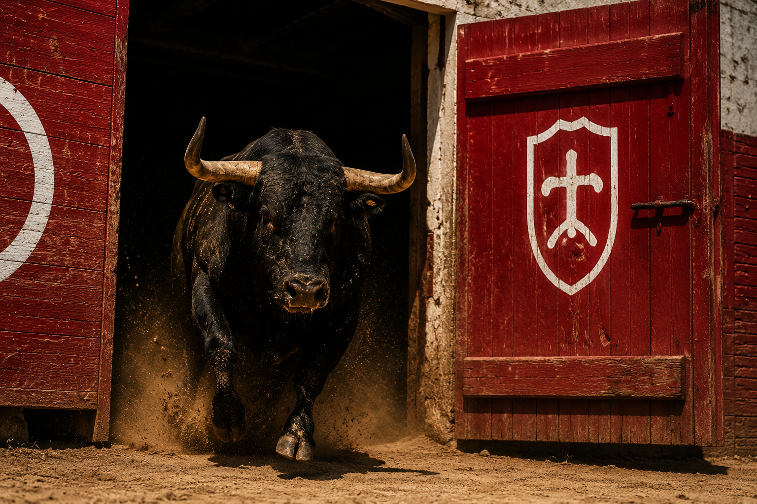Schwarzer Stier läuft aus einem roten Tor in eine Arena in Frankreich.